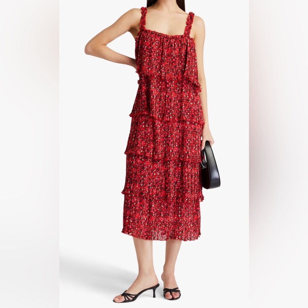 GANNI Pleated Raffled Georgette Flounce Strap, Red Floral Midi Dress Size 36 (S)
